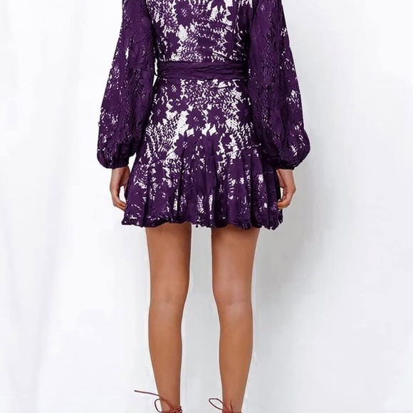 FARYSAYS Womens Lace Wrap Mini Dresses Floral V Neck Ruffle Short Dress - Picture 2 of 4